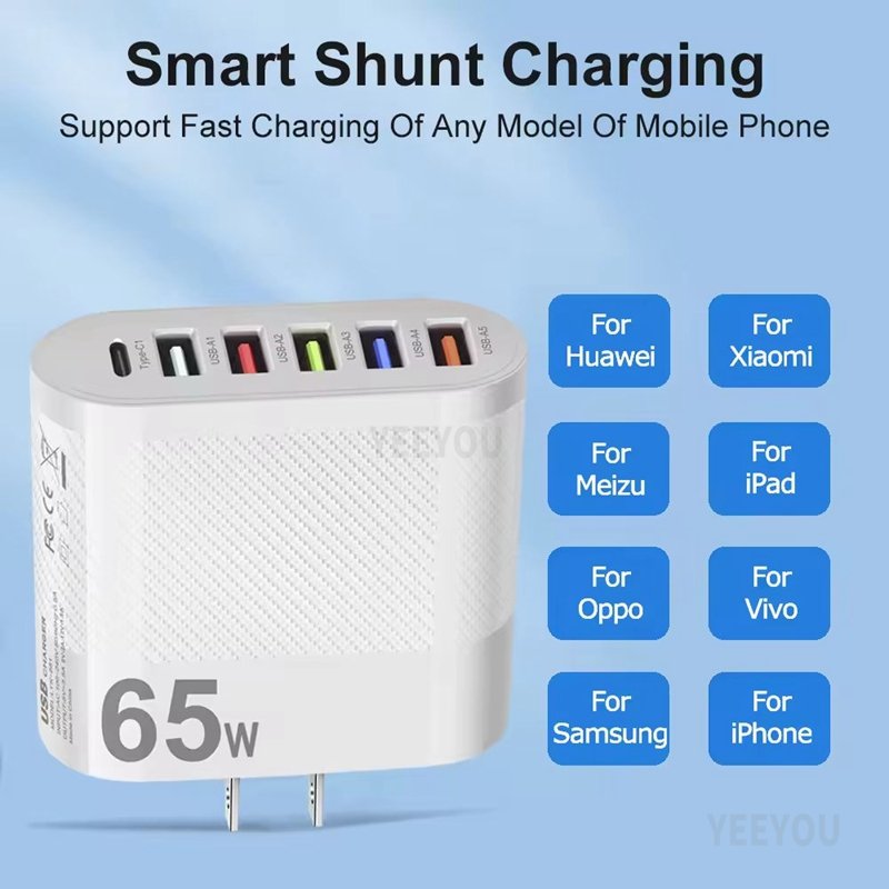 Multi Port 5USB Type-c Travel Charger 65w EU UK US Plug Multi Interface Adapter Portable Fast Charging Wall Adapter for Samsung