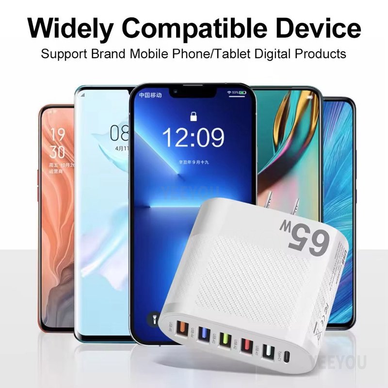 Multi Port 5USB Type-c Travel Charger 65w EU UK US Plug Multi Interface Adapter Portable Fast Charging Wall Adapter for Samsung