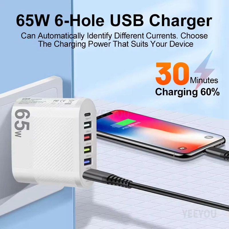 Multi Port 5USB Type-c Travel Charger 65w EU UK US Plug Multi Interface Adapter Portable Fast Charging Wall Adapter for Samsung