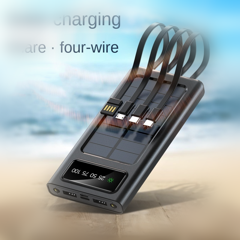 High Capacity Outdoor Flashlight Torch Light 10000mAh Power Bank Integrated 4-Cord Sharing Solar Panel Charging Polymer Battery