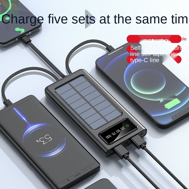 High Capacity Outdoor Flashlight Torch Light 10000mAh Power Bank Integrated 4-Cord Sharing Solar Panel Charging Polymer Battery