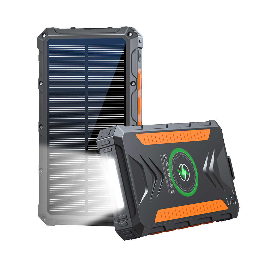 Solar Panel Power Bank With LED Light Outdoor Waterproof Portable Wireless Charging 22.5W Fast Charging USB Power Bank 20000mAh