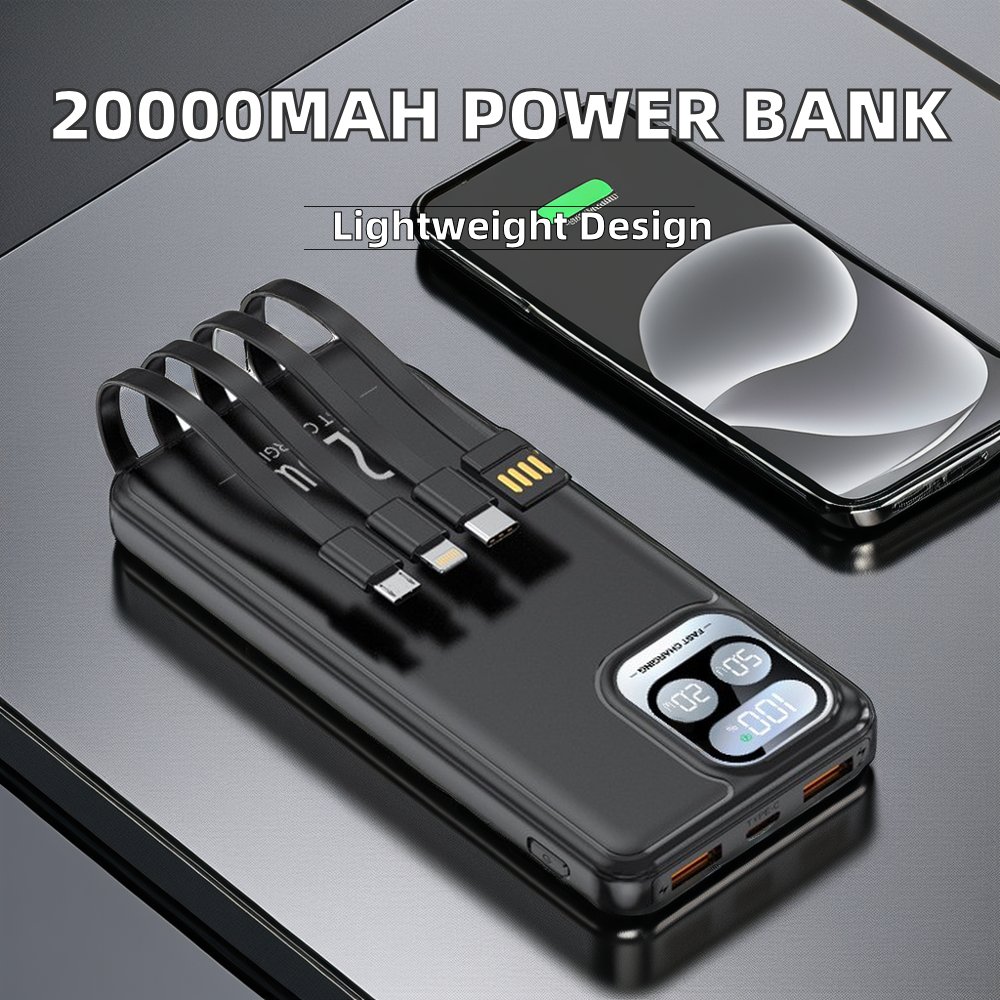 Portable Smart PD 22.5W Cable Fast Charging 20000mAh Power Bank with USB AC Input Lithium Battery Cargador Portatil with Cables