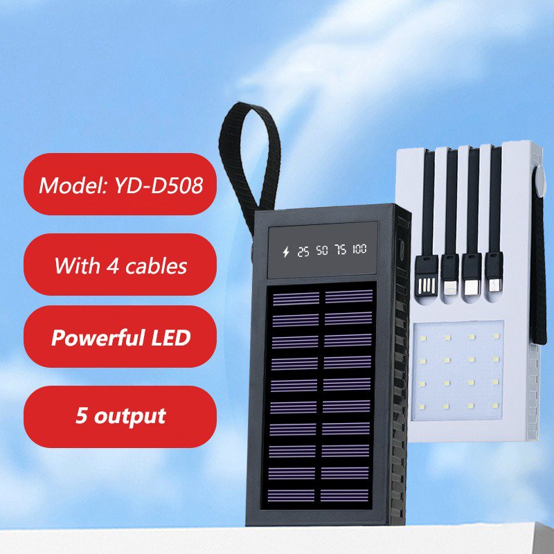 Thin Waterproof Portable Solar Powerbank 20000mAh Charger Power Bank 10000mAh Flash Light Solar Power Banks Charger with cable