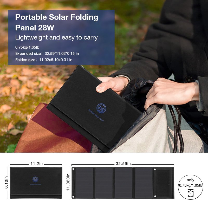 Ericsity 28W portable Solar Panels, portable solar panel charger for camping with light and easy to carry