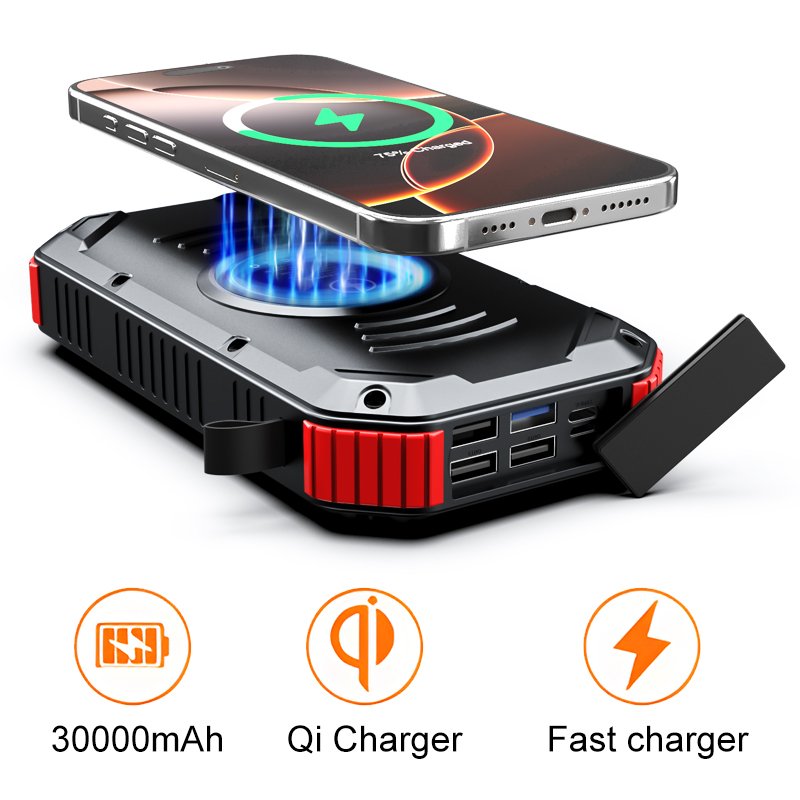 Eshine portable qi wireless solar panel power bank 30000mah waterproof 18W fast charger travel powerbank led solar power bank