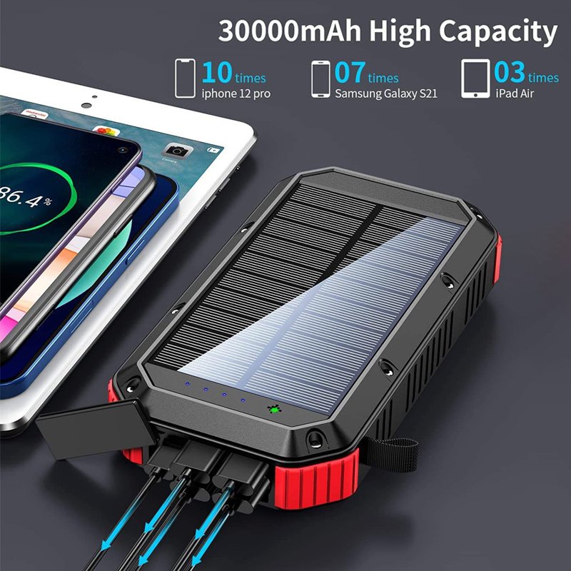 Eshine portable qi wireless solar panel power bank 30000mah waterproof 18W fast charger travel powerbank led solar power bank