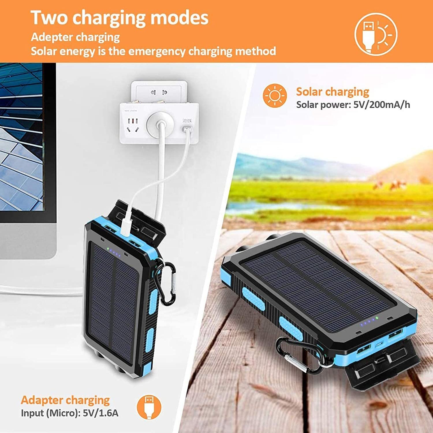 Outdoor Waterproof 20000mah Portable Solar Power Bank Dual USB 5V 2A Camping Mobile Charger UK Solar Power Supply Cell Phone