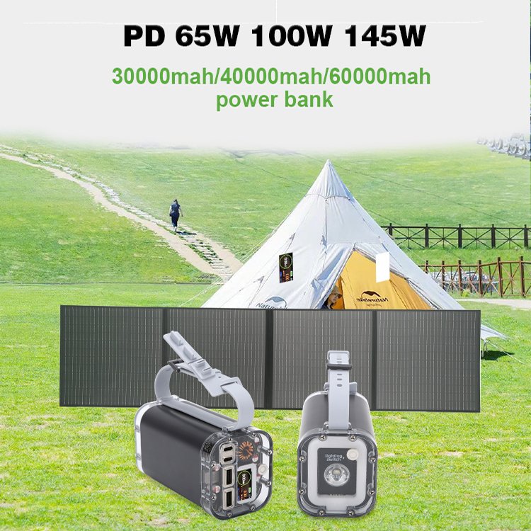New Customize Solar Panels Charger 30000mAh 65W PD Power Bank LED Camping Lamp Portable Foldable Solar Panel Cover Power bank