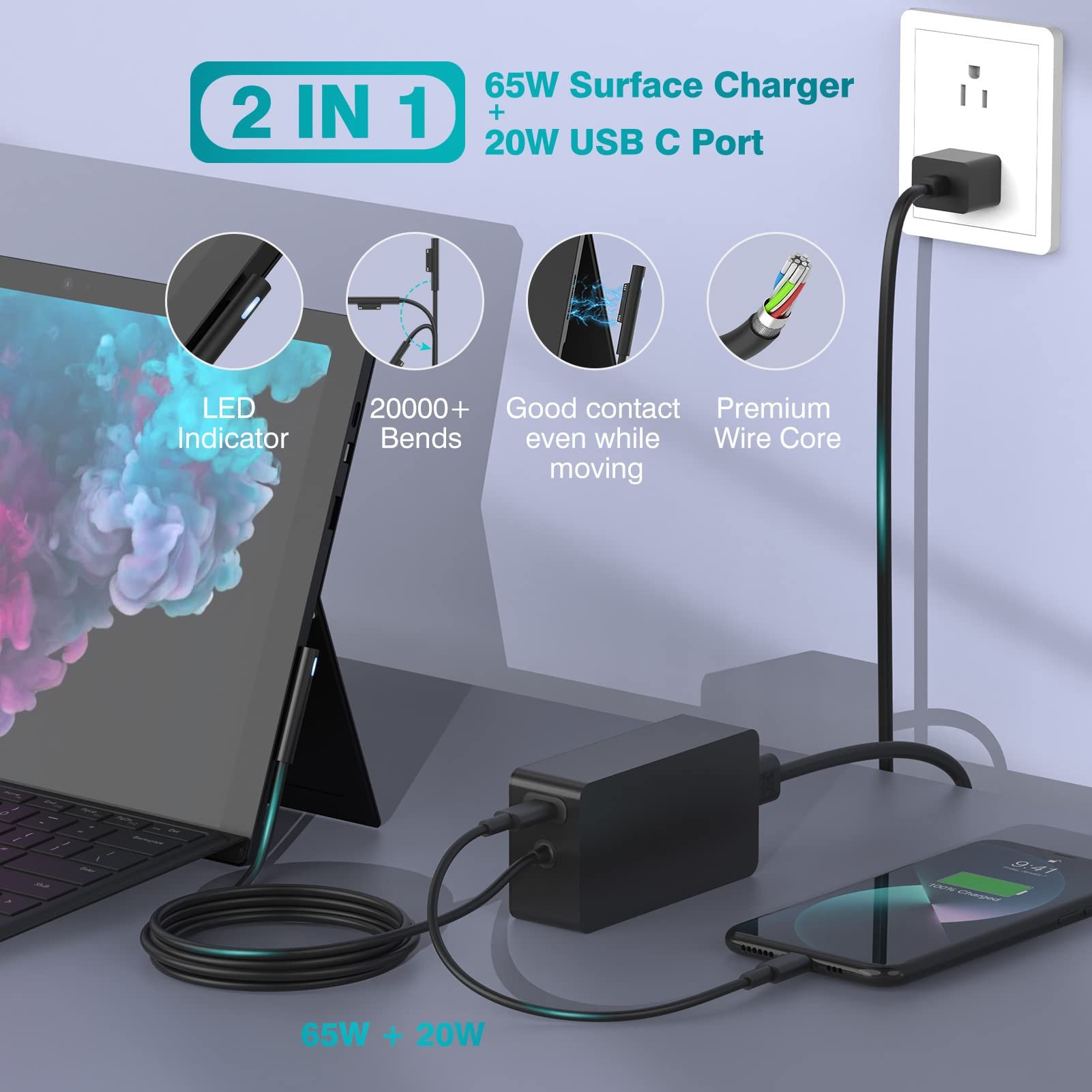 Genuine 65W Laptop Charger For Microsoft Surface Laptop with 20W USB C Port compatible with Surface Pro 3/4/5/6/7/8/9 and Book