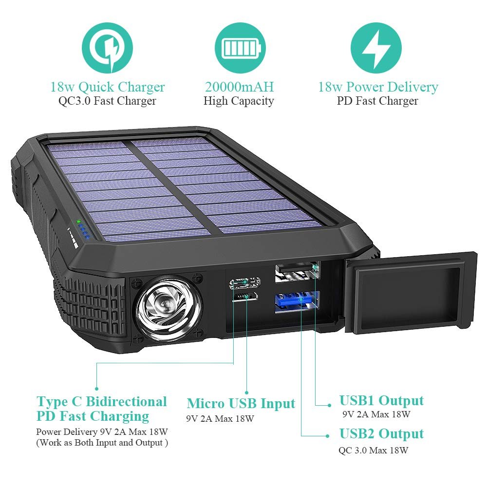 newest rugged outdoor carabiner emergency Camping Hiking LED Flashlight PD fast Wireless charger 20000mAH solar power bamk