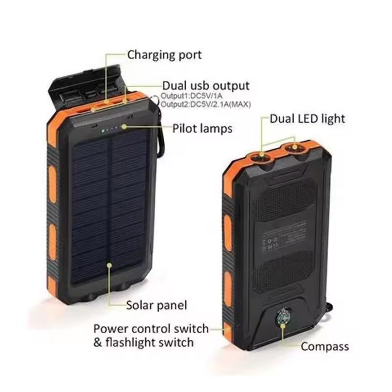 Outdoor Multifunctional Solar Power Bank Compass With Large Capacity 20000Mah Mobile Power Gift Waterproof With Emergency Light