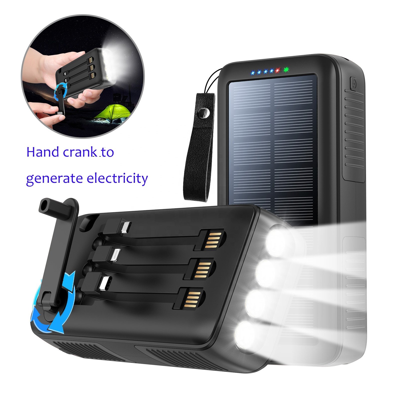 Hand crank to generate electricity 61200mah portable solar charger power bank Built in cable solar power bank with hand crank