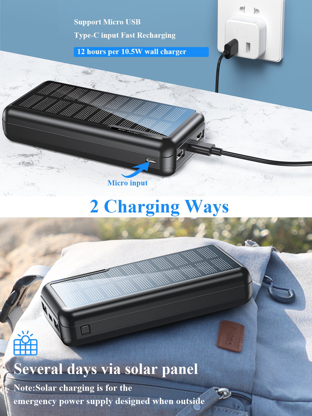 Portable Solar Panel Power Bank 20000mah Waterproof Fast Charger Travel Powerbank