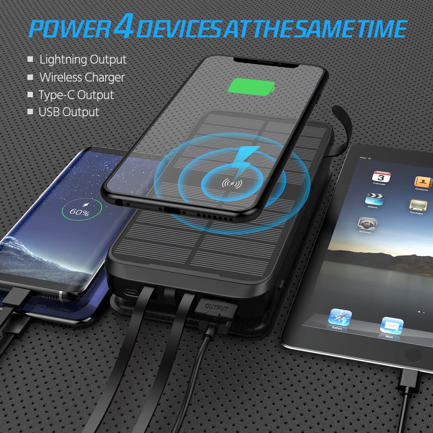 Solar Charger 43800mAh Power-Bank Portable Charger Fast Charging Qi 10W Wireless Charger 4 Solar Panel Built-in 2 Kinds Cable