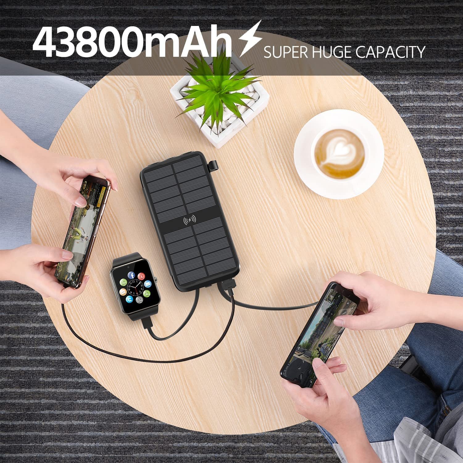 Solar Charger 43800mAh Power-Bank Portable Charger Fast Charging Qi 10W Wireless Charger 4 Solar Panel Built-in 2 Kinds Cable