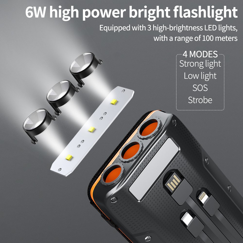 Solar Charger 43800mAh Power-Bank Portable Charger Fast Charging Qi 10W Wireless Charger 4 Solar Panel Built-in 2 Kinds Cable