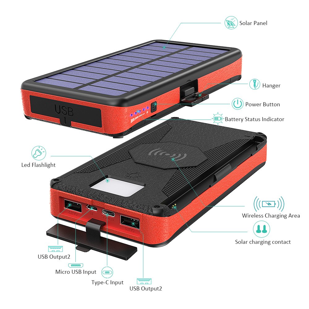 OEM factory new solar panels waterproof external backup battery portable Qi wireless charger 16000mAh powerbank
