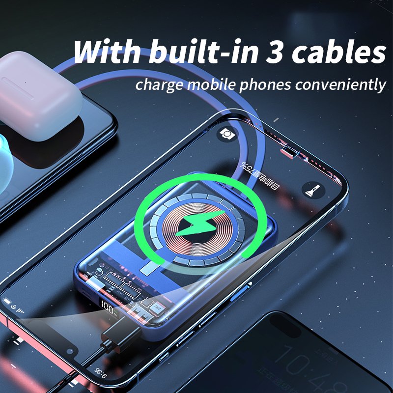 2024 New Arrivals Hot Selling Product Mini Transparent Magnetic Wireless Power Bank 10000mah With Built-in Cables