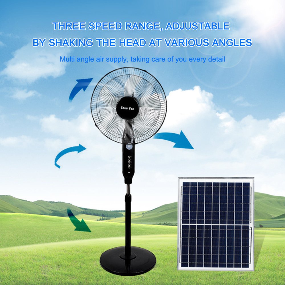 Factory Price Ac Dc 12v Solar Charging Vertical Fan with LED Light USB Mobile Charger Household Solar Fan 16 Inches Long HELIOS
