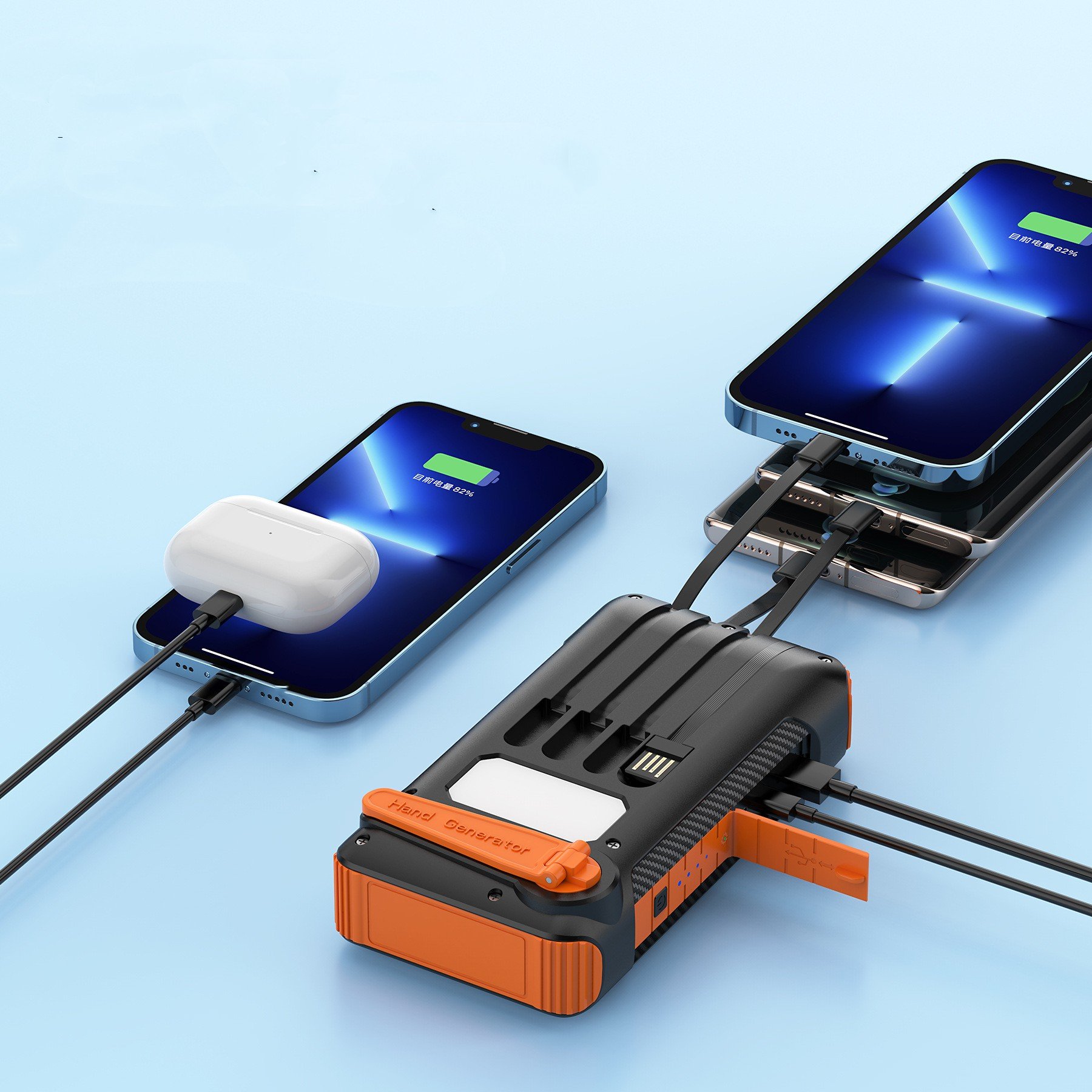Hot Products 2024 22.5W Hand Crank Solar Power Bank 20000mah with Built-in cables and LED torch