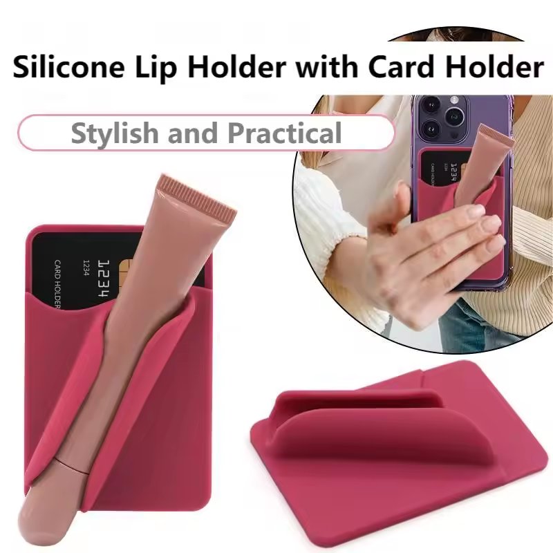 Silicone Lipstick Holder with Card Holder Phone Case Adhesive Back Stick On Case Smart Phone Wallet Card Holder