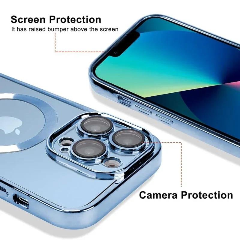 Luxury Wireless Charge Magnetic Safe Phone Case For iPhone 16 15 14 13 12 11 Pro Max Plus Transparent Electroplated Bumper Cover