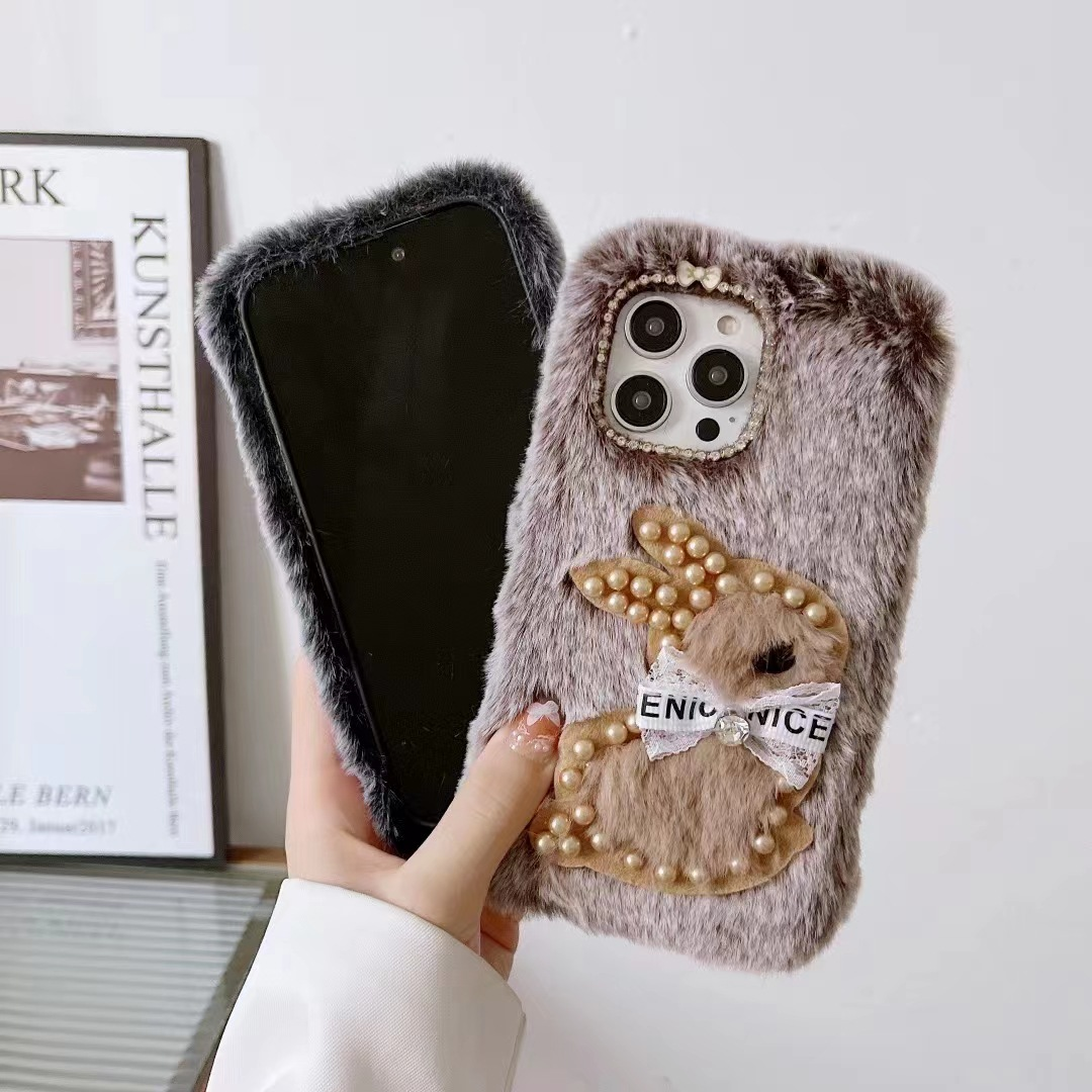 Wholesale new Pearl Rabbit fluff bow phone cover Premium sensing phone case for Iphone 13/14/15 Pro Max Phone Accessories