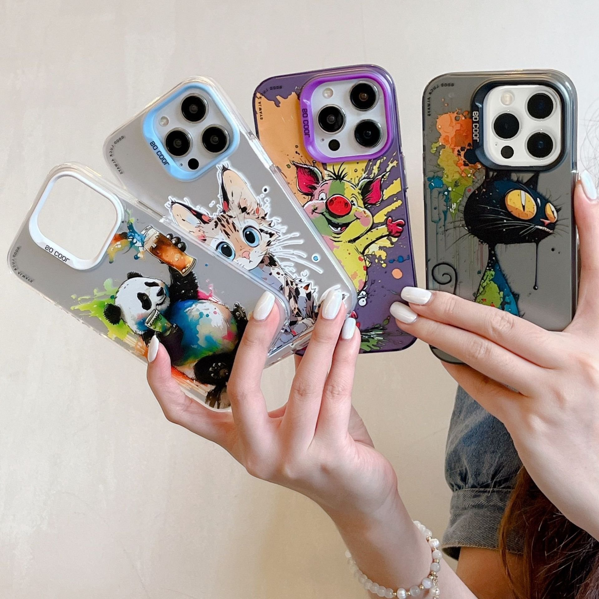 Color Silver IMD Personality Oil Painting Panda Phone Case for iphone 11 12 13 14 15 promax Frosted anti-fall Phone Accessories
