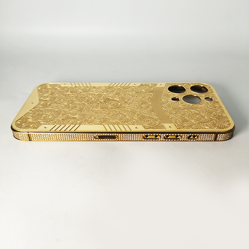 Luxury custom phone housing bezel inset white zircon back cover deep carved stainless steel vacuum gold plating for iPhone