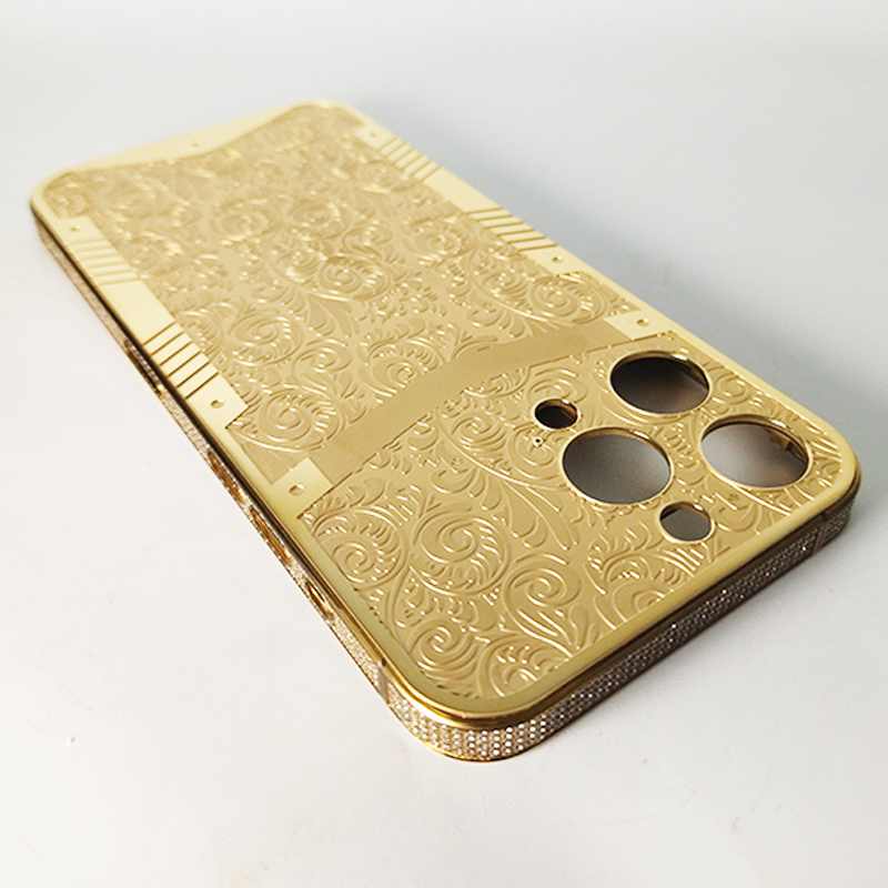 Luxury custom phone housing bezel inset white zircon back cover deep carved stainless steel vacuum gold plating for iPhone