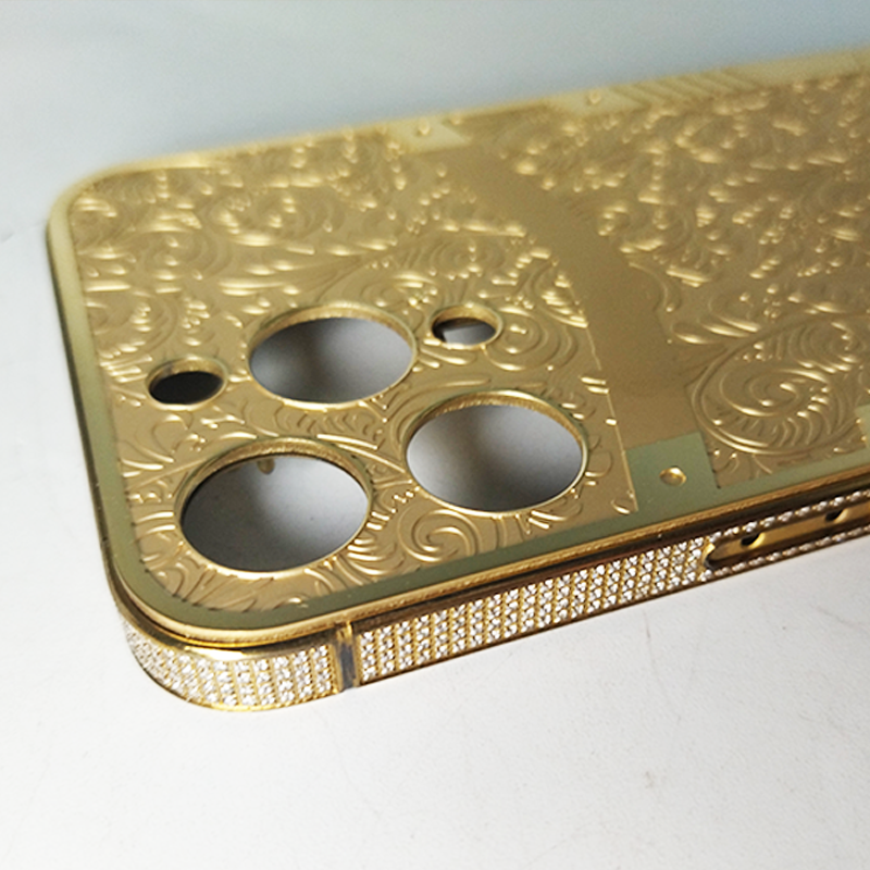 Luxury custom phone housing bezel inset white zircon back cover deep carved stainless steel vacuum gold plating for iPhone