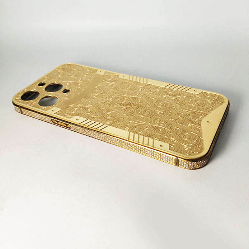 Luxury custom phone housing bezel inset white zircon back cover deep carved stainless steel vacuum gold plating for iPhone