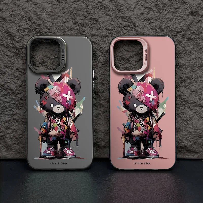 For IPhone 15 Pro Case Cool Little Bear Ins Colorful Cartoon Phone Protector Case Metal Backboard IPhone 14 Plus 13 Pro Max