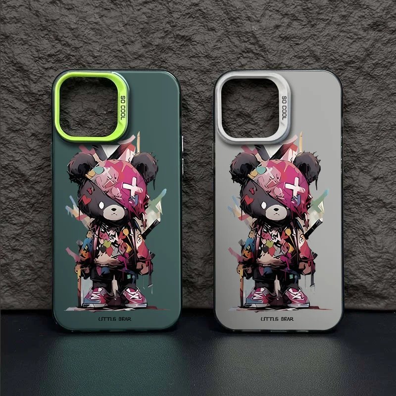For IPhone 15 Pro Case Cool Little Bear Ins Colorful Cartoon Phone Protector Case Metal Backboard IPhone 14 Plus 13 Pro Max