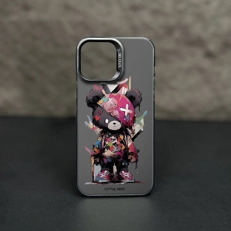 For IPhone 15 Pro Case Cool Little Bear Ins Colorful Cartoon Phone Protector Case Metal Backboard IPhone 14 Plus 13 Pro Max