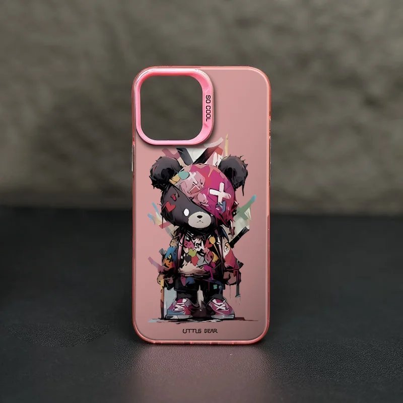For IPhone 15 Pro Case Cool Little Bear Ins Colorful Cartoon Phone Protector Case Metal Backboard IPhone 14 Plus 13 Pro Max