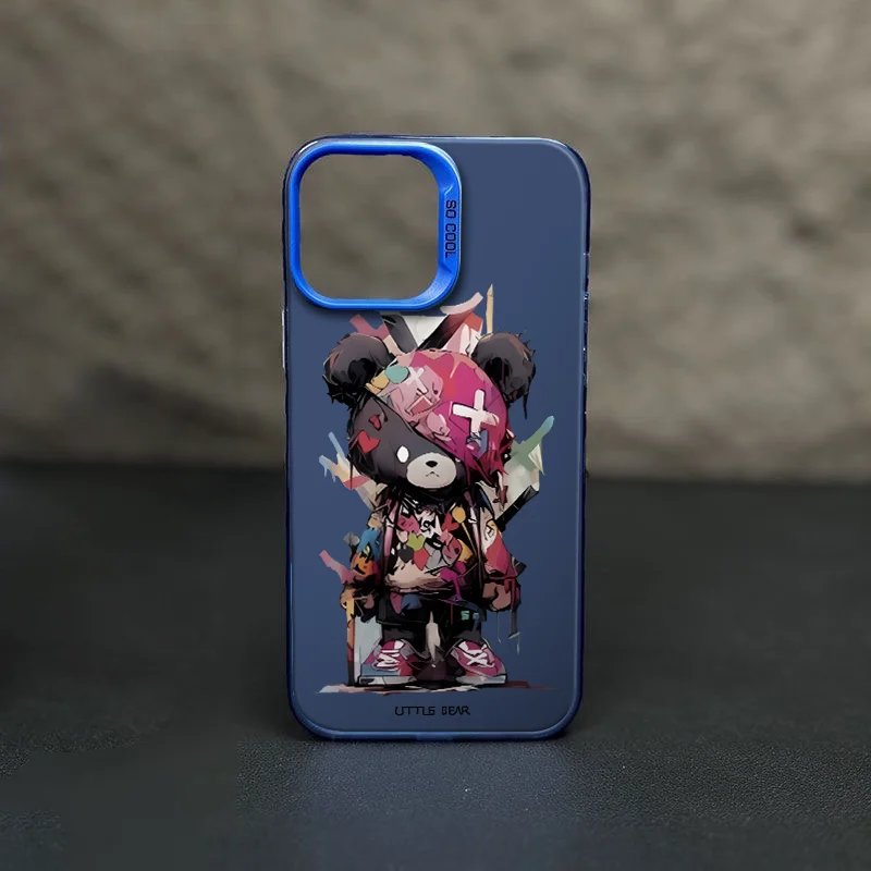 For IPhone 15 Pro Case Cool Little Bear Ins Colorful Cartoon Phone Protector Case Metal Backboard IPhone 14 Plus 13 Pro Max