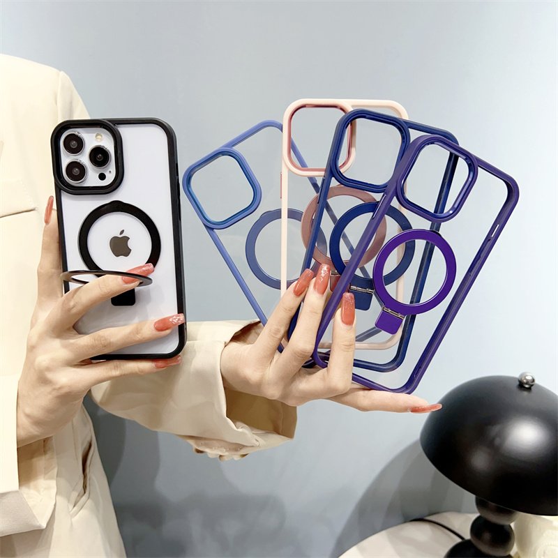 High quality for iPhone 14 15 case Metal Camera Ring Magnetic Holder Phone Case TPU PC Transparent Case For iPhone 15 14 Pro Max