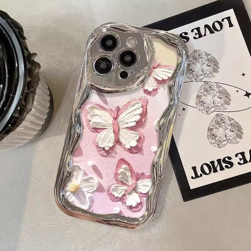 New luxury oil paint Butterfly with chain Phone Case For Iphone 11 14 13 12 15 Pro Max XS XR 7 8 plating Cream Frames Back Cover