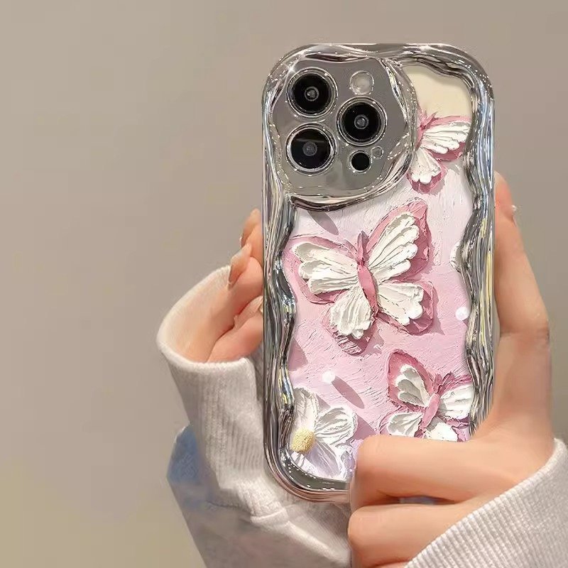 New luxury oil paint Butterfly with chain Phone Case For Iphone 11 14 13 12 15 Pro Max XS XR 7 8 plating Cream Frames Back Cover