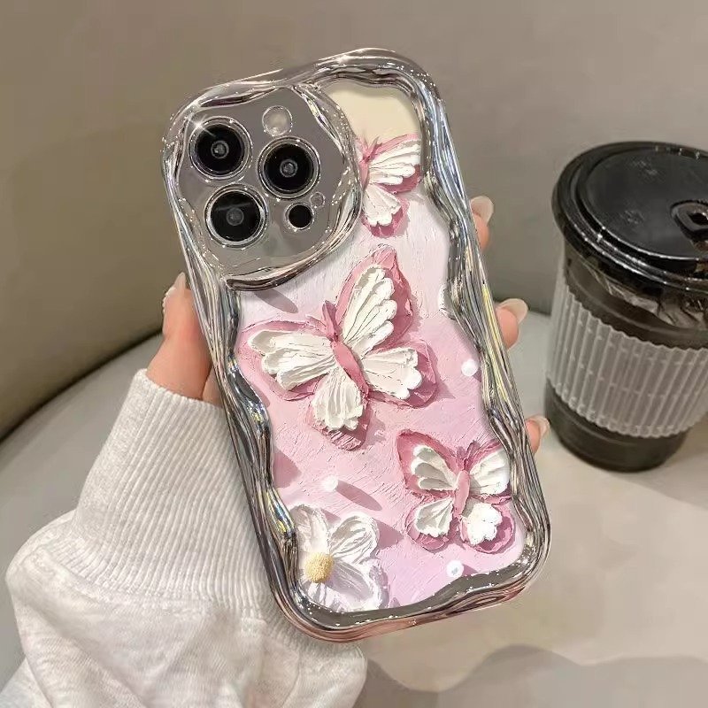 New luxury oil paint Butterfly with chain Phone Case For Iphone 11 14 13 12 15 Pro Max XS XR 7 8 plating Cream Frames Back Cover