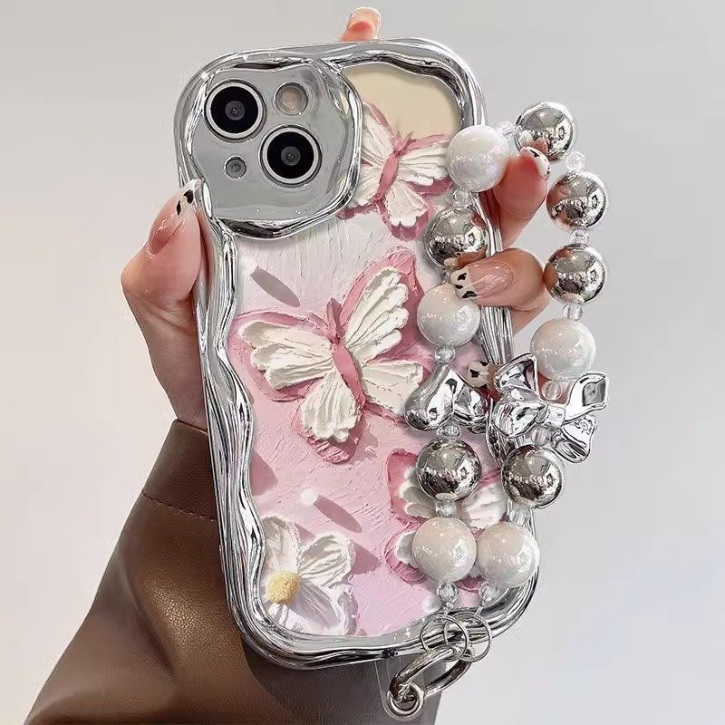New luxury oil paint Butterfly with chain Phone Case For Iphone 11 14 13 12 15 Pro Max XS XR 7 8 plating Cream Frames Back Cover
