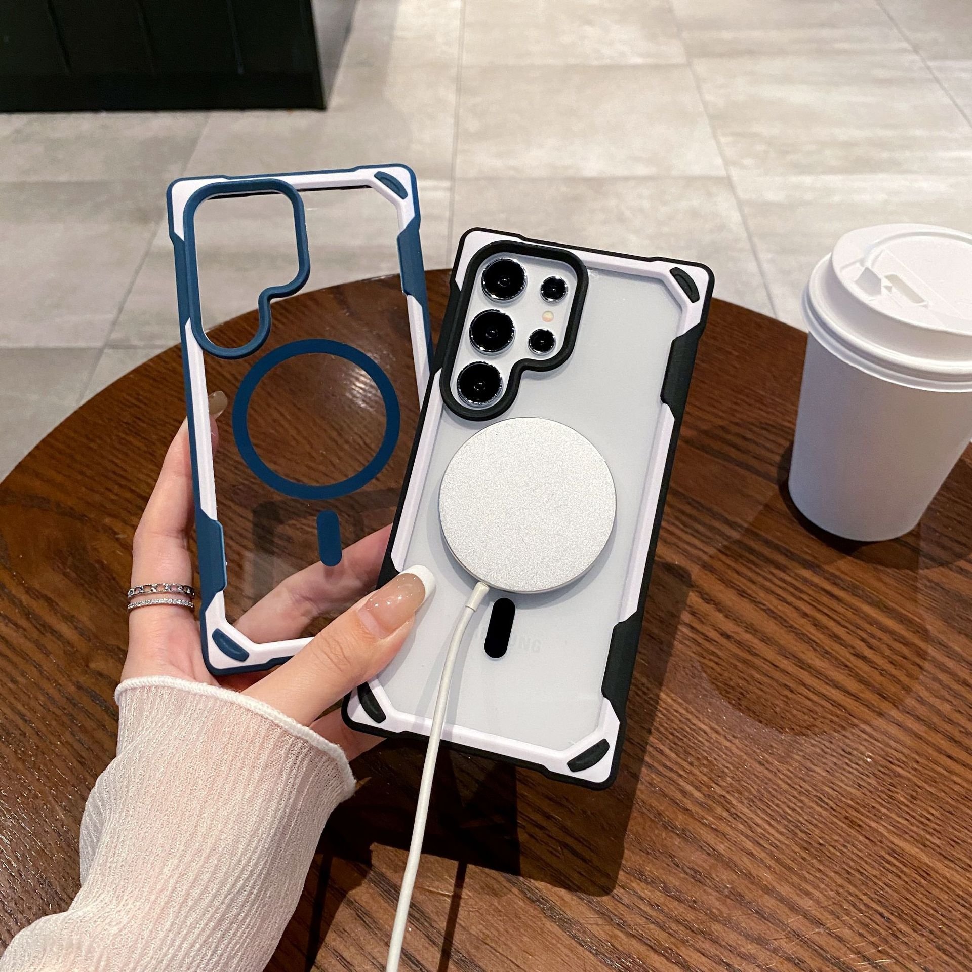 For Samsung S24 Ultra Airbag magnetic Case for Galaxy S24Plus Double Color Transparent Acrylic Armor Magnetic S24Ultra PC Fundas