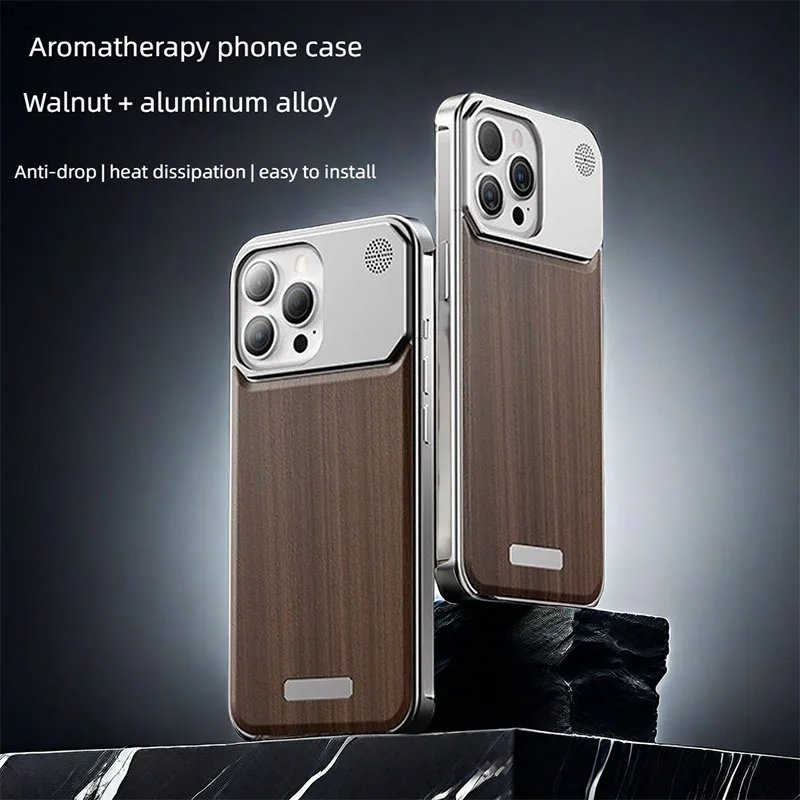 Walnut Wooden Metal Frameless Aluminum Magnetic Phone Case For iPhone 16 15 14 Pro Max Shockproof Minimalist Aromatherapy Case