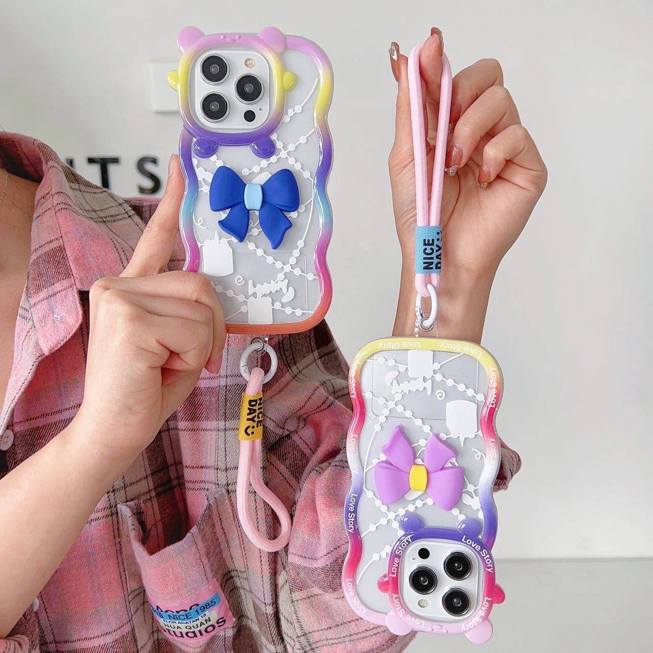 Summer cartoon lanyard bow soft phone case for iphone 11 12 13 14 15Pro Max Cell Cover funda