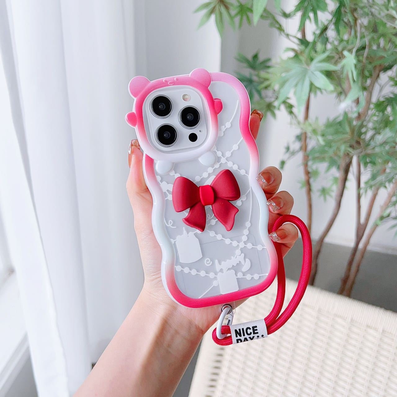 Summer cartoon lanyard bow soft phone case for iphone 11 12 13 14 15Pro Max Cell Cover funda