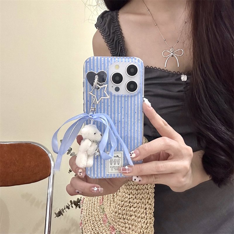 Yellow and blue striped teddy bear pendant for Apple 15 ProMax double-layer iPhone 14 full package anti drop phone case