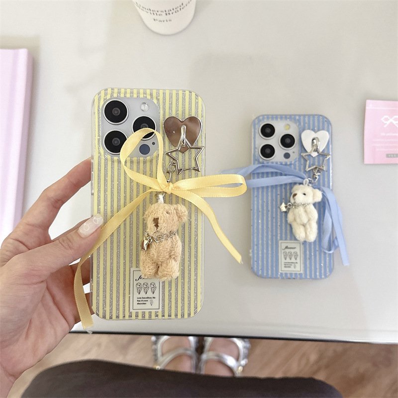 Yellow and blue striped teddy bear pendant for Apple 15 ProMax double-layer iPhone 14 full package anti drop phone case