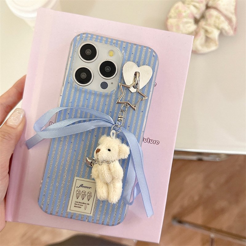 Yellow and blue striped teddy bear pendant for Apple 15 ProMax double-layer iPhone 14 full package anti drop phone case